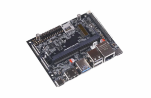 A Jetson Nano development board is shown in a close-up view. The dark circuit board is populated with various electronic components, including a heat sink, connectors for USB and Ethernet, and other integrated circuits. The board is designed for AI and edge computing applications.